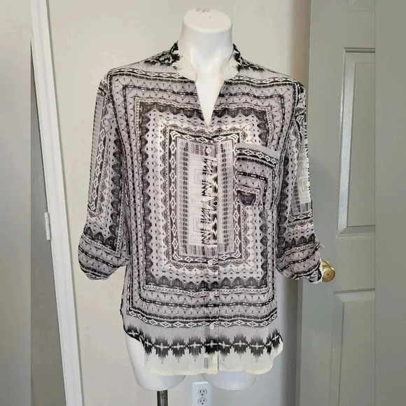 Staring at Stars Anthropologie Sheer Aztec Square Printed Button Up Blouse(XS) - Picture 1 of 7